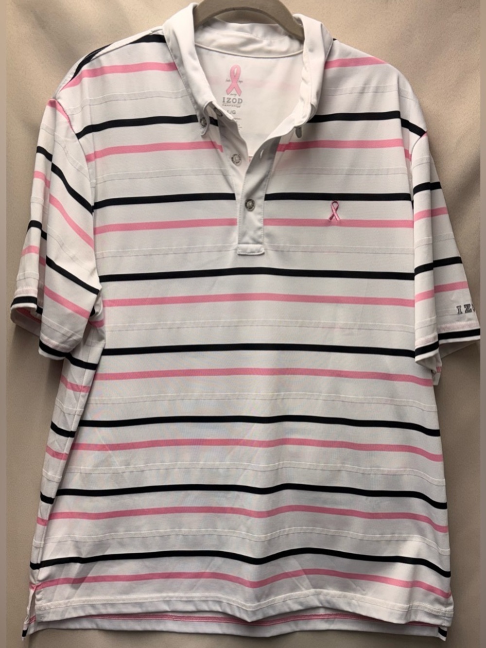 Izod Perform X Women's White/Pink/Black Stripe S/S Breast Cancer Polo Large